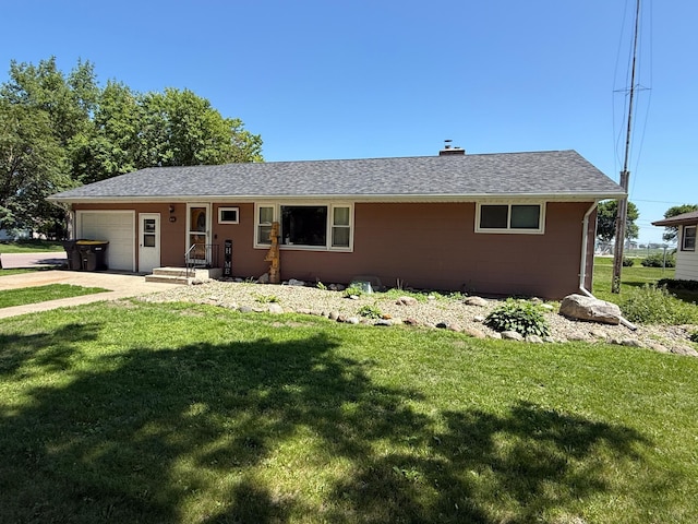 122 3rd St E, Morgan, MN 56266 - ranch-style house featuring a garage, a front yard, and a chimney