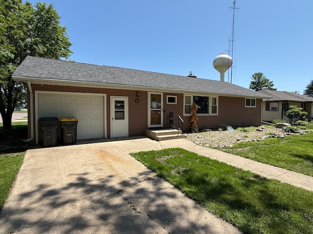 122 3rd St E, Morgan, MN 56266 - ranch-style house with a garage, driveway, a shingled roof, and a front yard