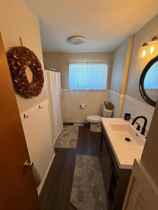 122 3rd St E, Morgan, MN 56266 - bathroom featuring wood finished floors, vanity, and a shower with shower curtain