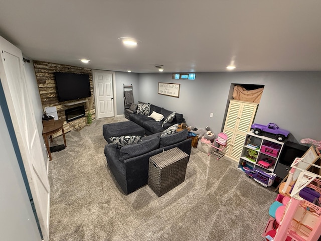 122 3rd St E, Morgan, MN 56266 - living area featuring carpet flooring, a fireplace, and recessed lighting