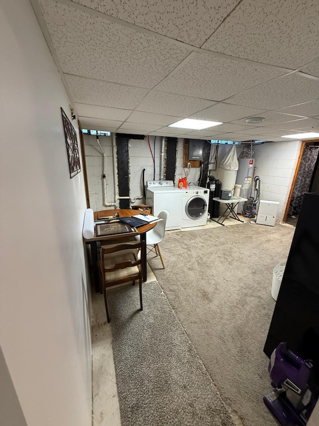 122 3rd St E, Morgan, MN 56266 - finished basement with washing machine and clothes dryer, a paneled ceiling, and water heater