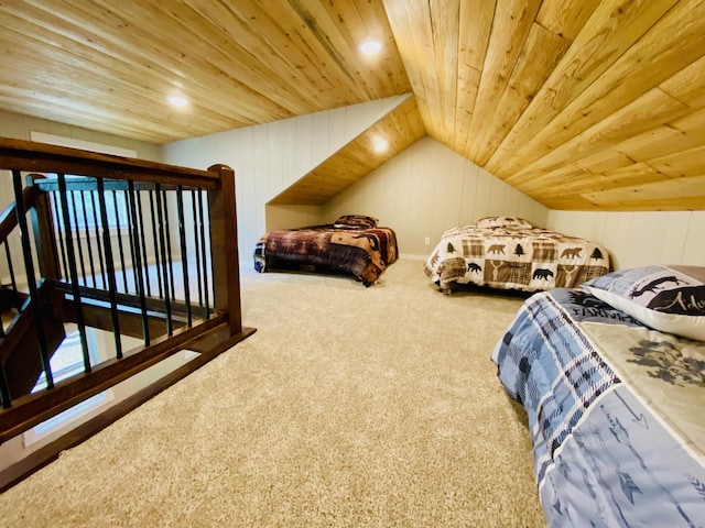 W7486 Burval Dr, Minong, WI 54859 - carpeted bedroom with wood ceiling, vaulted ceiling, and wooden walls