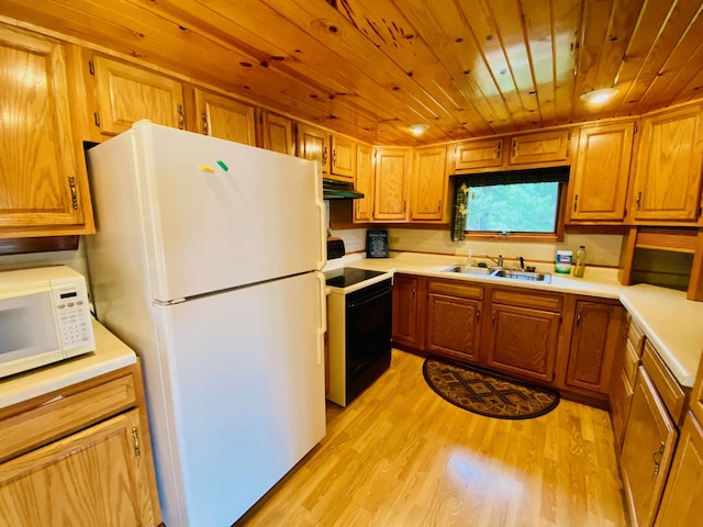 W7486 Burval Dr, Minong, WI 54859 - kitchen with white appliances, under cabinet range hood, light wood-type flooring, light countertops, and wooden ceiling
