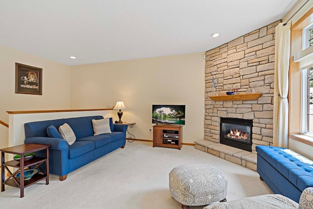 1112 Iris Dr, White Bear Twp, MN 55127 - living area featuring carpet floors, plenty of natural light, a fireplace, and recessed lighting