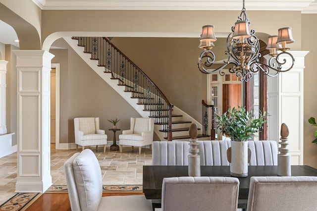 18901 Brookwood Rd, Prior Lake, MN 55372 - dining space with a chandelier, stairs, arched walkways, crown molding, and decorative columns
