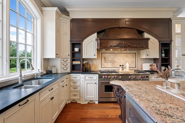 18901 Brookwood Rd, Prior Lake, MN 55372 - kitchen featuring luxury stove, wood finished floors, backsplash, range hood, and crown molding