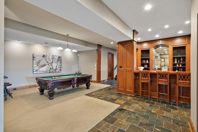 18901 Brookwood Rd, Prior Lake, MN 55372 - recreation room featuring recessed lighting, billiards, a bar, dark stone finish flooring, and decorative columns