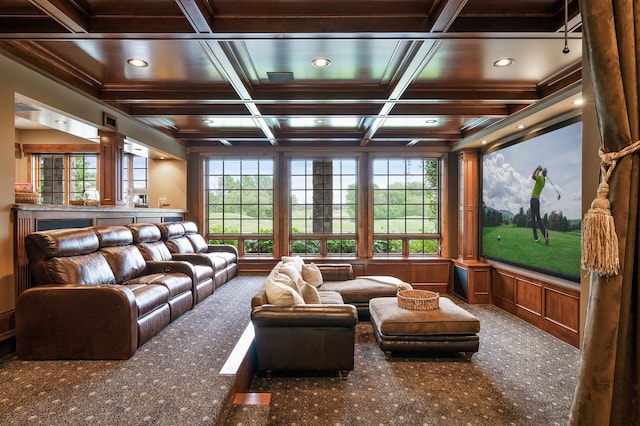 18901 Brookwood Rd, Prior Lake, MN 55372 - carpeted home theater room with recessed lighting, plenty of natural light, and ornamental molding