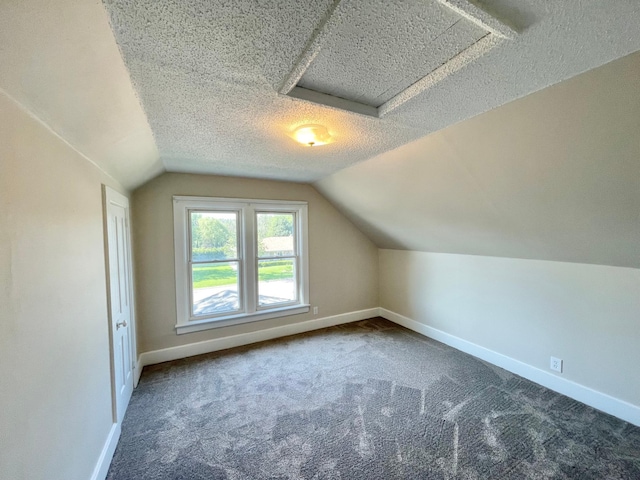 422 Sanborn St, Springfield, MN 56087 - additional living space featuring attic access, vaulted ceiling, a textured ceiling, and carpet floors