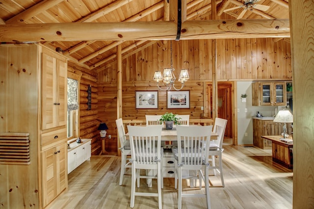 28395 Far N Dr, Nevis, MN 56467 - dining room with a wood ceiling with exposed beams, light wood-style flooring, a chandelier, wooden walls, and ceiling fan