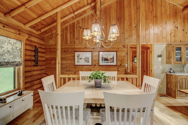 28395 Far N Dr, Nevis, MN 56467 - dining space featuring a wooden ceiling with exposed beams, light wood-style flooring, a chandelier, rustic walls, and high vaulted ceiling
