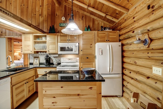 28395 Far N Dr, Nevis, MN 56467 - kitchen with white appliances, light brown cabinets, open shelves, log walls, and wood ceiling