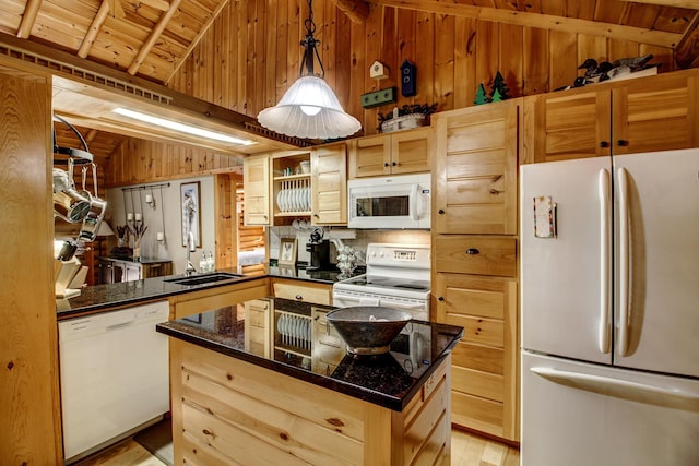 28395 Far N Dr, Nevis, MN 56467 - kitchen with white appliances, lofted ceiling, wood walls, wood ceiling, and open shelves