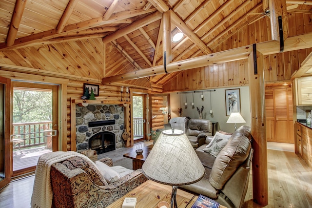28395 Far N Dr, Nevis, MN 56467 - living area with a wooden ceiling with exposed beams, high vaulted ceiling, log walls, a stone fireplace, and light wood-style flooring