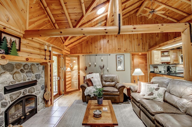 28395 Far N Dr, Nevis, MN 56467 - living room with a wooden ceiling with exposed beams, high vaulted ceiling, a fireplace, log walls, and ceiling fan