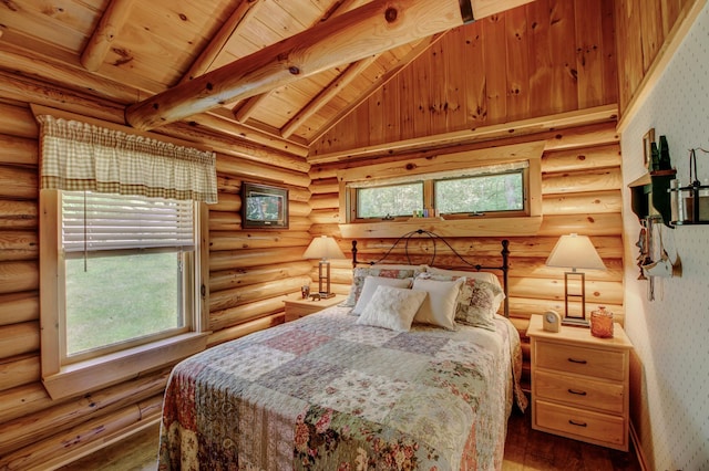 28395 Far N Dr, Nevis, MN 56467 - bedroom with wallpapered walls, wood ceiling, wood-type flooring, rustic walls, and multiple windows