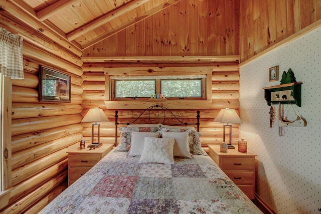 28395 Far N Dr, Nevis, MN 56467 - bedroom with wood ceiling, rustic walls, and wallpapered walls