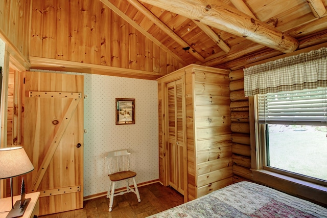 28395 Far N Dr, Nevis, MN 56467 - bedroom featuring rustic walls, wood ceiling, multiple windows, and hardwood / wood-style floors