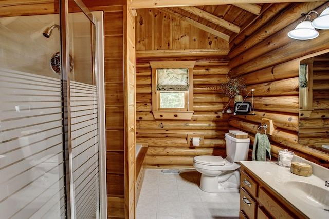 28395 Far N Dr, Nevis, MN 56467 - bathroom with vanity, lofted ceiling, tile patterned floors, wooden ceiling, and rustic walls