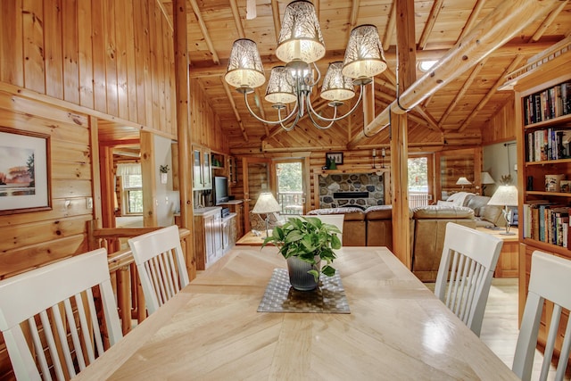 28395 Far N Dr, Nevis, MN 56467 - dining area with a wood ceiling with exposed beams, a chandelier, high vaulted ceiling, wooden walls, and a fireplace