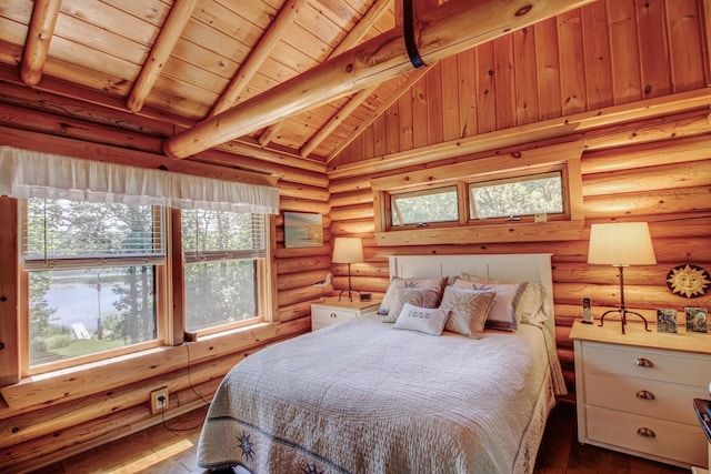 28395 Far N Dr, Nevis, MN 56467 - bedroom with a wood ceiling with exposed beams, log walls, hardwood / wood-style floors, and high vaulted ceiling