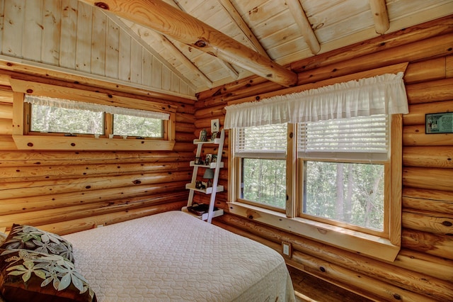 28395 Far N Dr, Nevis, MN 56467 - bedroom featuring log walls, multiple windows, and wood ceiling