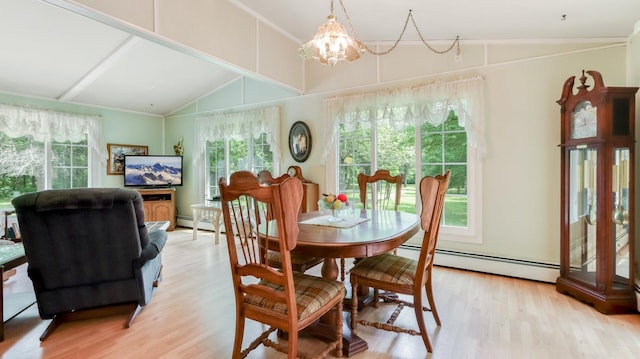 2104 US Highway 8, Stanley Twp, WI 54822 - dining room featuring a baseboard heating unit, a chandelier, healthy amount of natural light, lofted ceiling, and light wood-style flooring