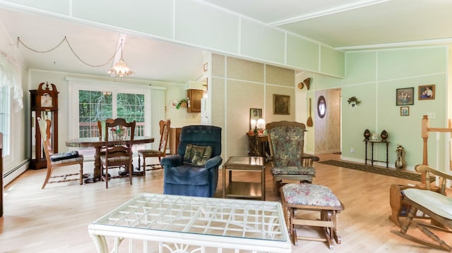 2104 US Highway 8, Stanley Twp, WI 54822 - living area with baseboard heating, wood finished floors, ornamental molding, and vaulted ceiling
