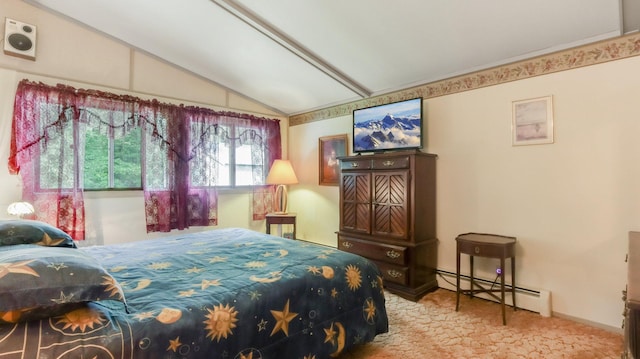 2104 US Highway 8, Stanley Twp, WI 54822 - bedroom with a baseboard heating unit, vaulted ceiling, and carpet floors