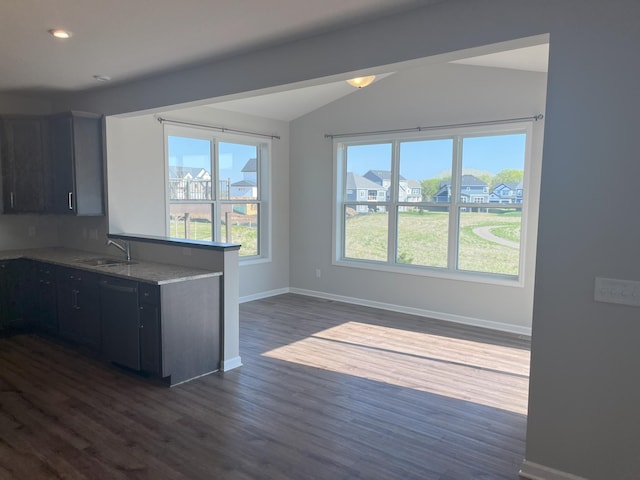 3790 Thrush St, Shakopee, MN 55379 - kitchen featuring vaulted ceiling, dishwashing machine, a peninsula, dark wood finished floors, and light stone countertops