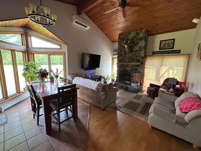 28599 Westwood Ln, Harris Twp, MN 55744 - dining room with an AC wall unit, a wood ceiling with exposed beams, a chandelier, a stone fireplace, and high vaulted ceiling
