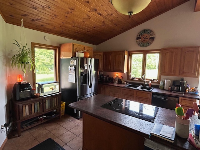 28599 Westwood Ln, Harris Twp, MN 55744 - kitchen with black appliances, lofted ceiling, light tile patterned flooring, dark countertops, and wooden ceiling
