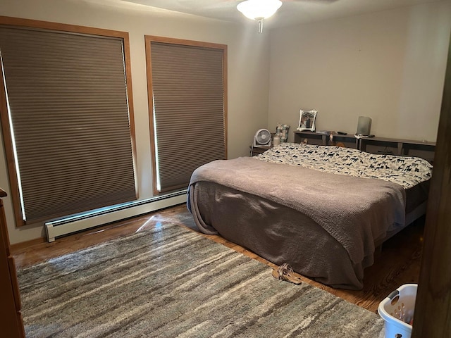 28599 Westwood Ln, Harris Twp, MN 55744 - bedroom with baseboard heating, wood finished floors, and two closets