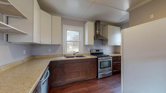 429 7th St NW, Rochester, MN 55901 - kitchen featuring wall chimney exhaust hood, appliances with stainless steel finishes, dark wood finished floors, open shelves, and white cabinetry