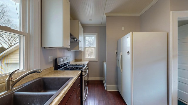 429 7th St NW, Rochester, MN 55901 - kitchen with stainless steel gas range oven, white refrigerator with ice dispenser, ventilation hood, crown molding, and white cabinets