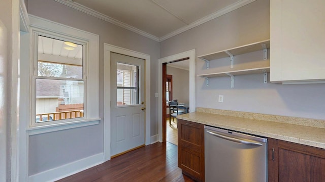 429 7th St NW, Rochester, MN 55901 - kitchen with dishwasher, dark wood-style floors, crown molding, light countertops, and open shelves
