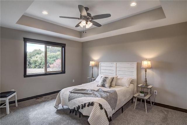 232 Chestnut St, Ellsworth, WI 54011 - bedroom with a raised ceiling, carpet, recessed lighting, and a ceiling fan