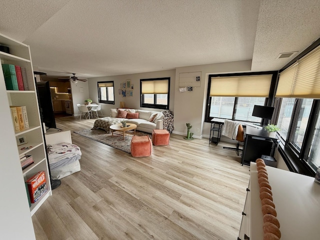 26 10th St W Unit 402, Saint Paul, MN 55102 - living area featuring a textured ceiling, wood finished floors, and a ceiling fan