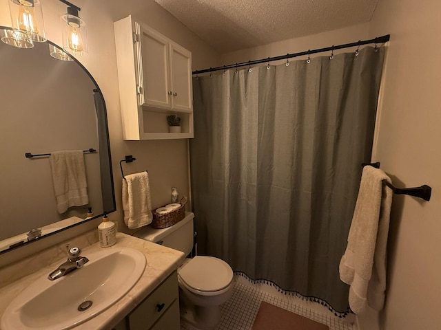 26 10th St W Unit 402, Saint Paul, MN 55102 - full bathroom featuring a textured ceiling, vanity, tile patterned floors, and a shower with shower curtain