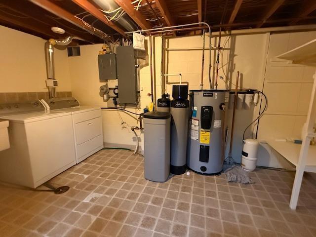 2411 Douglas St, Windom, MN 56101 - unfinished below grade area with washer and dryer, water heater, a water softener system, and light flooring