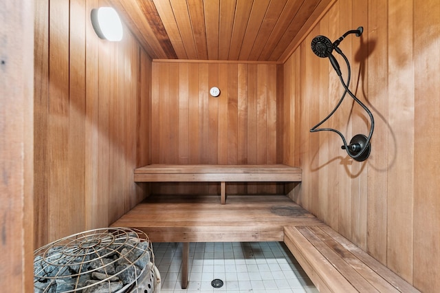 1775 Lexington Ave S Unit 26, Lilydale, MN 55118 - relaxing sauna / steam room featuring wooden walls, wooden ceiling, and tile patterned flooring