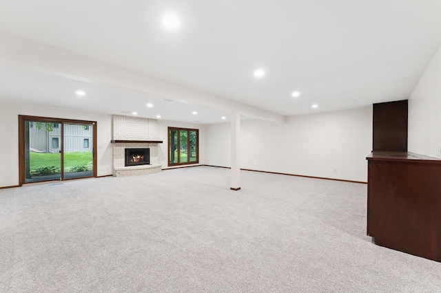 1775 Lexington Ave S Unit 26, Lilydale, MN 55118 - unfurnished living room with recessed lighting, carpet floors, and a brick fireplace