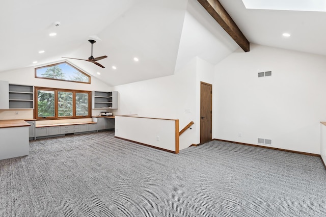 1775 Lexington Ave S Unit 26, Lilydale, MN 55118 - unfurnished living room with carpet, a ceiling fan, high vaulted ceiling, beamed ceiling, and recessed lighting