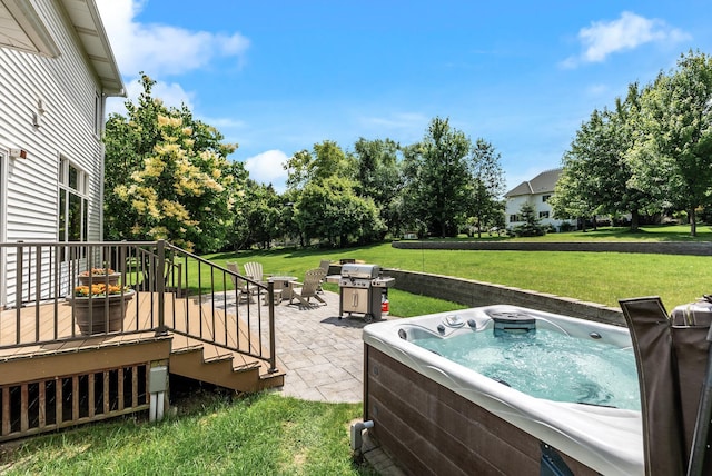 2227 Stone Creek Ln E, Chanhassen, MN 55317 - view of green lawn with a patio area, a hot tub, stairs, and a deck