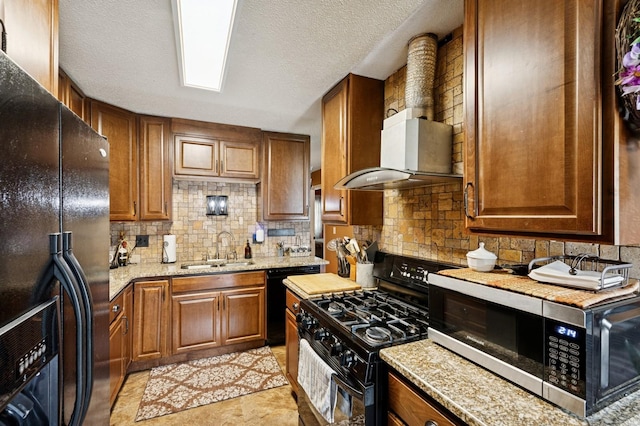3950 Upper 75th St E, Inver Grove Heights, MN 55076 - kitchen with black appliances, backsplash, brown cabinets, a textured ceiling, and light stone counters