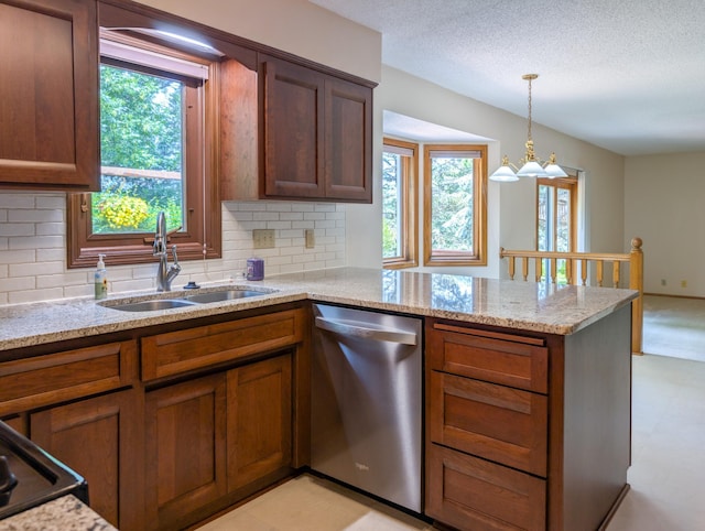 1132 Westbury Cir, Eagan, MN 55123 - kitchen featuring dishwasher, a peninsula, tasteful backsplash, hanging light fixtures, and light stone countertops