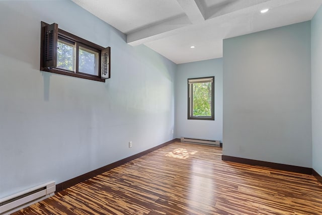 981 Bayless Ave, Saint Paul, MN 55114 - empty room featuring a baseboard heating unit, plenty of natural light, beam ceiling, wood finished floors, and recessed lighting