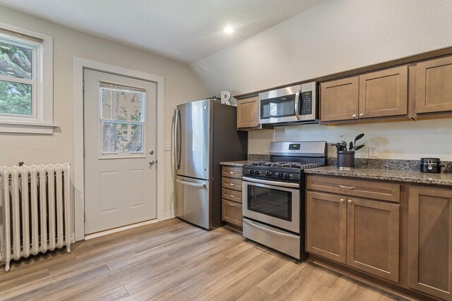 981 Bayless Ave, Saint Paul, MN 55114 - kitchen featuring radiator, stainless steel appliances, lofted ceiling, healthy amount of natural light, and light wood finished floors