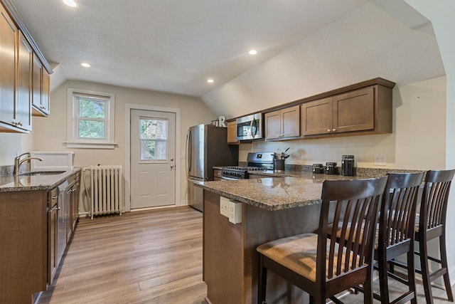 981 Bayless Ave, Saint Paul, MN 55114 - kitchen with radiator heating unit, stainless steel appliances, dark stone counters, light wood-style floors, and vaulted ceiling