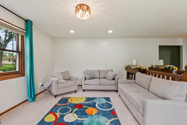7795 Van Buren St NE, Spring Lake Park, MN 55432 - living area featuring light colored carpet, a chandelier, and recessed lighting